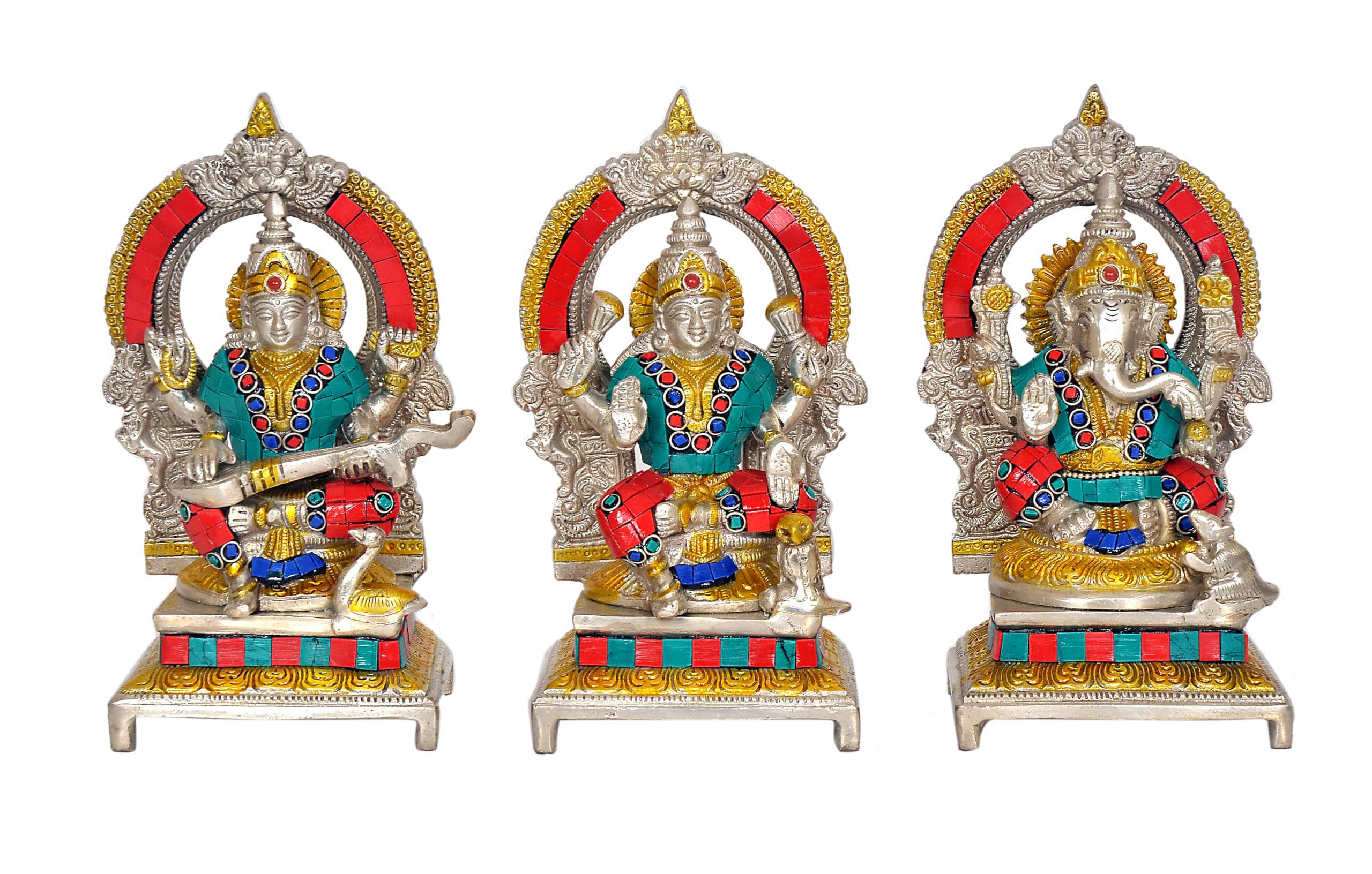 Aona Lord Ganesh Maa Lakshmi And Maa Saraswati Brass Idol Sculpture Murti Statue Silver Height 7 Inches